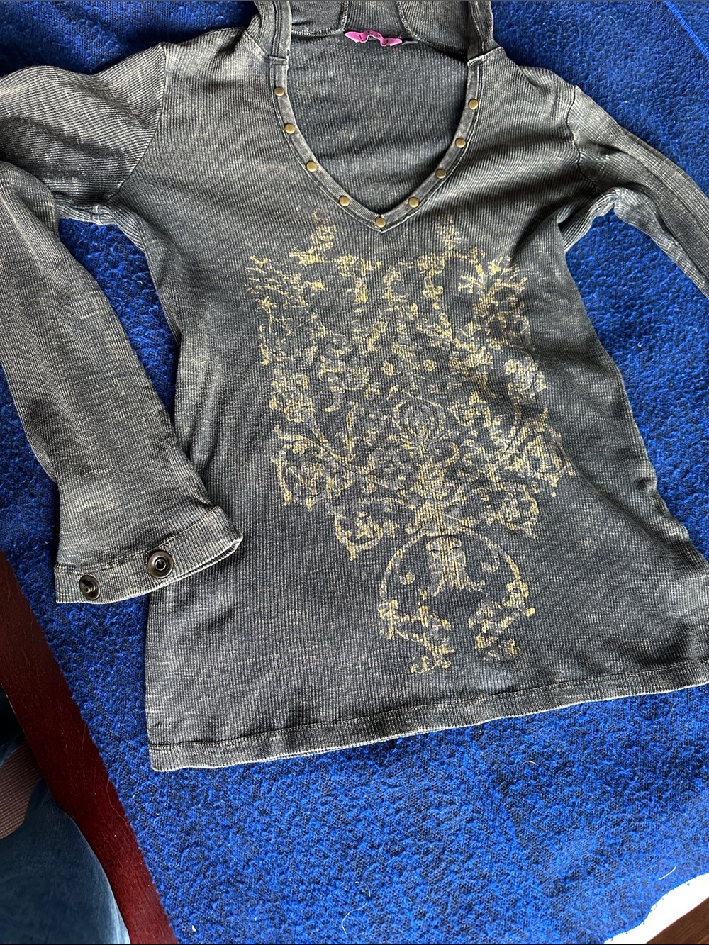 Dark greenish Ribbed Hooded  Top with Gold-Tone Studs